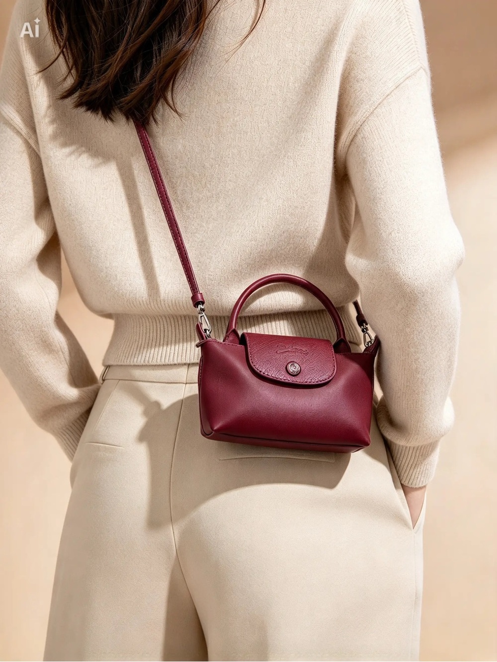 INSPIRATION Le Pliage One Pouch with Handle & Crossbody Strap (Burgundy) - NWT
